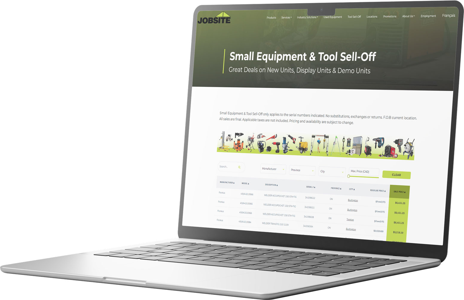 small equipment tool sell-off jobsite